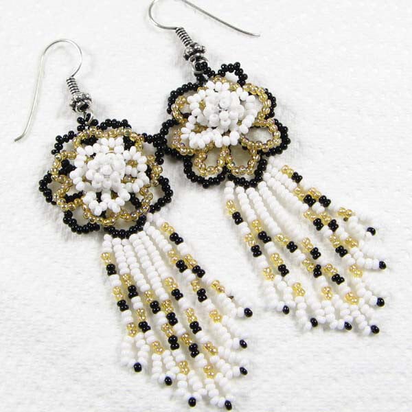 flower seed bead earrings Elegant White & Gold Flower Seed Bead Earrings