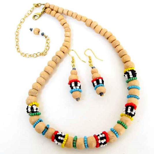 Yellow Wooden Kids Beaded Necklace Earrings Set Handmade