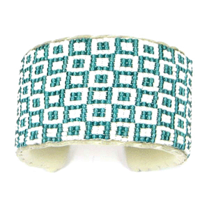 Handmade White Green Geometric Pattern Leather Hard Cuff Bracelet
