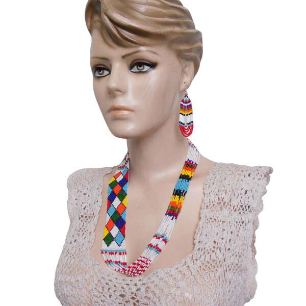 White Seed Beaded Necklace Earrings Multicolor Beadwork