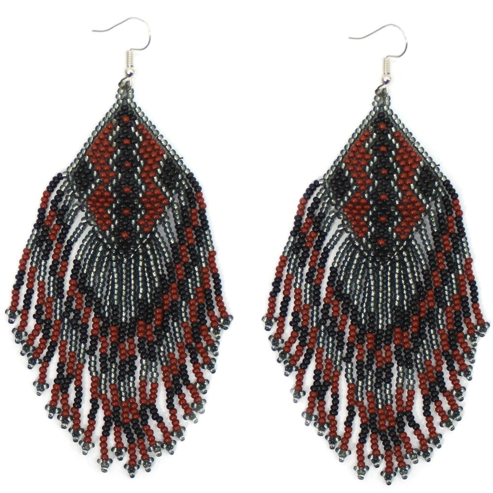 Handmade Beaded Brown Grey Seed Bead Big Earrings