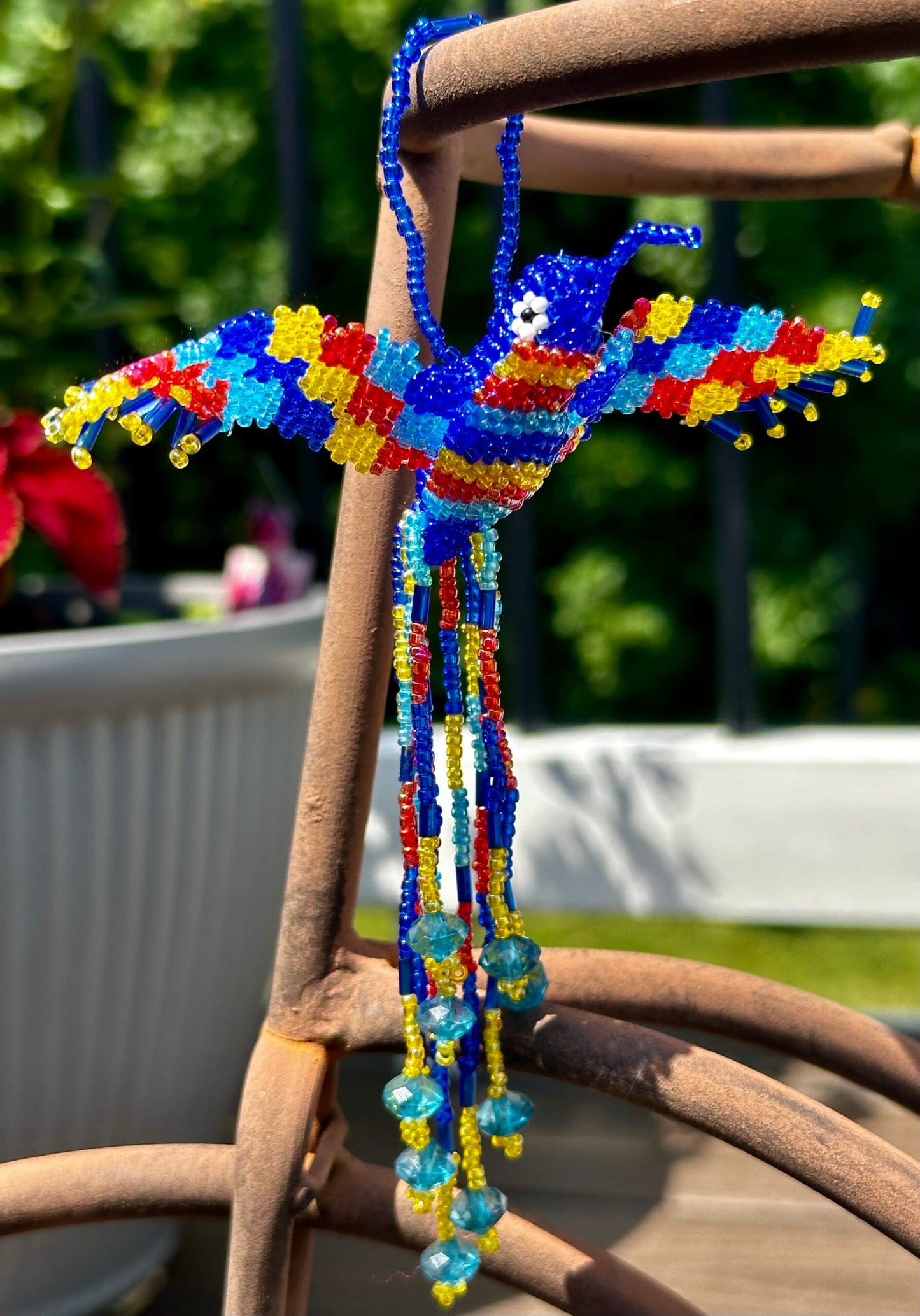 Beaded Fluttering Hanging Hummingbird (Blue Yellow Red)