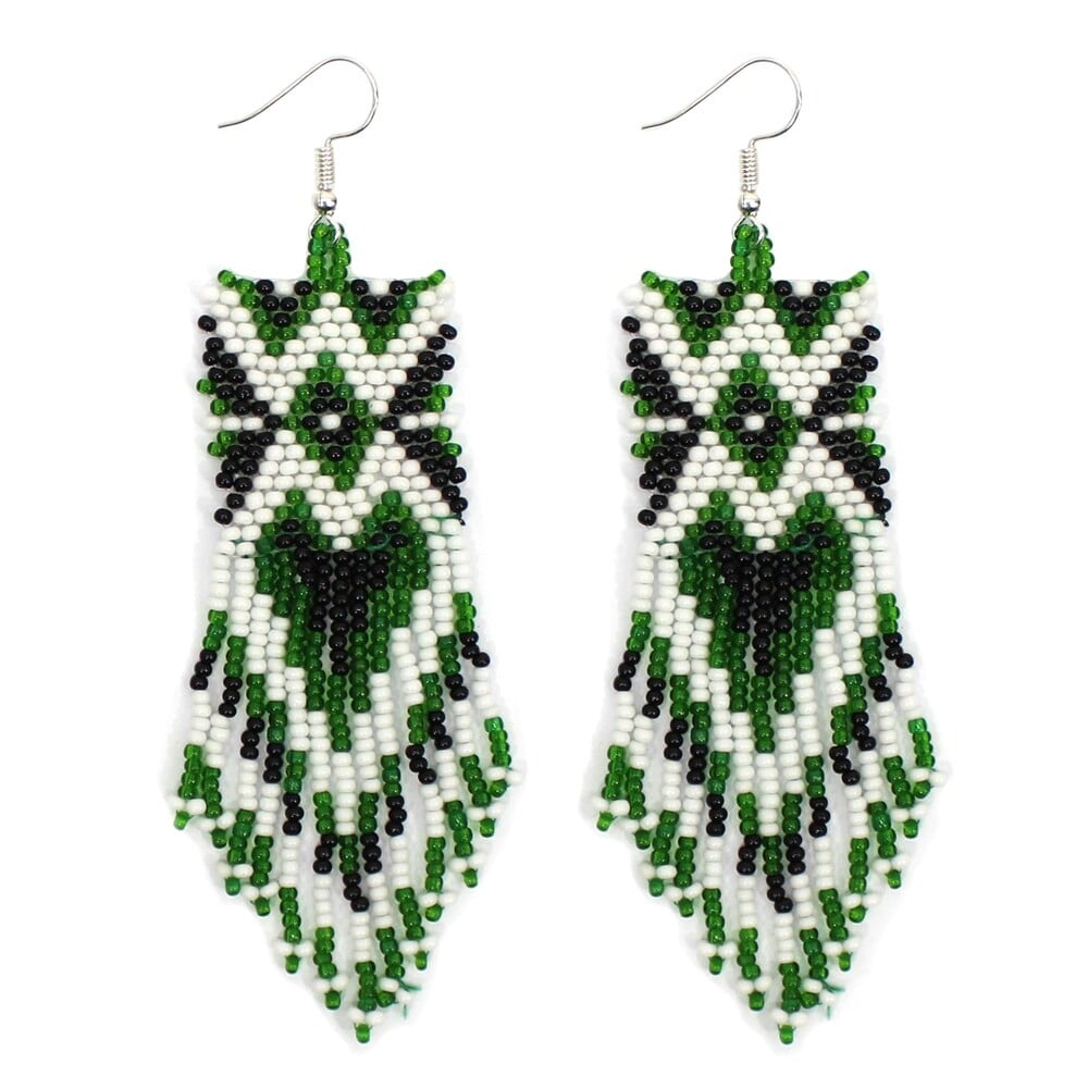 Handmade Beaded Green Seed Bead Big Native Style Inspired Earrings