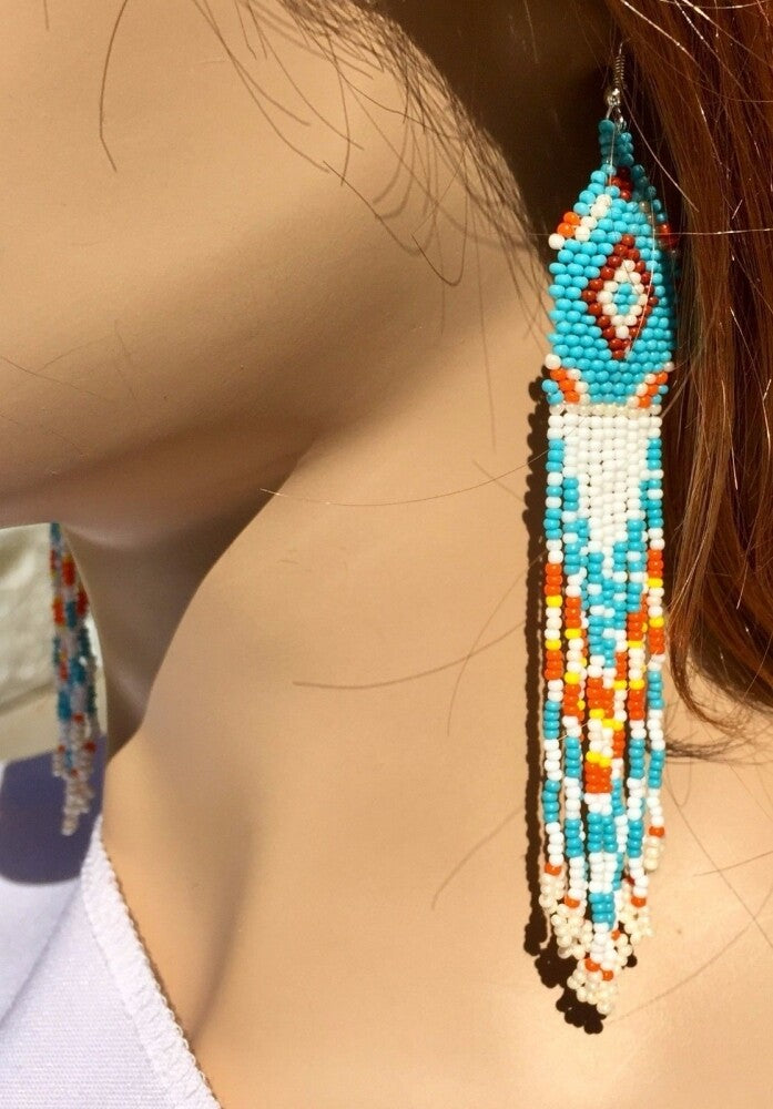 Handmade Beaded Blue White Long Chandelier Earrings