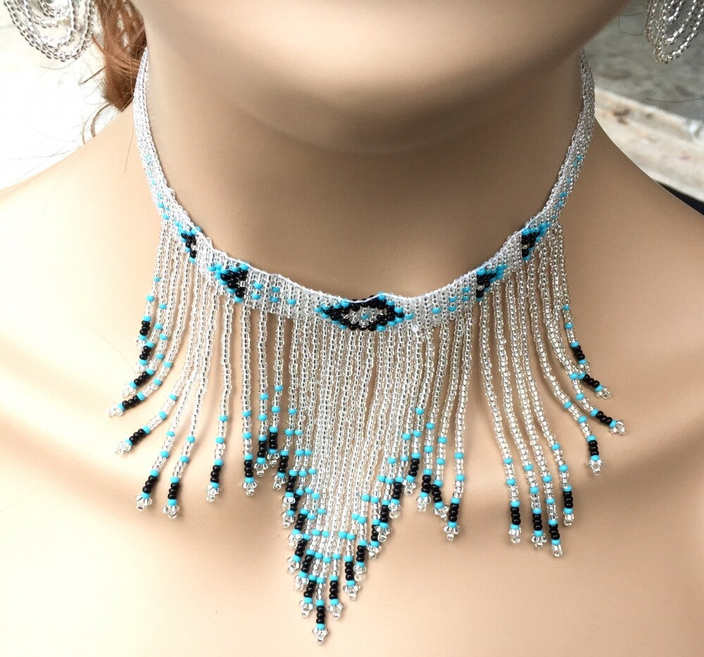 Turquoise & Black Beaded Silver Necklace Earrings Set