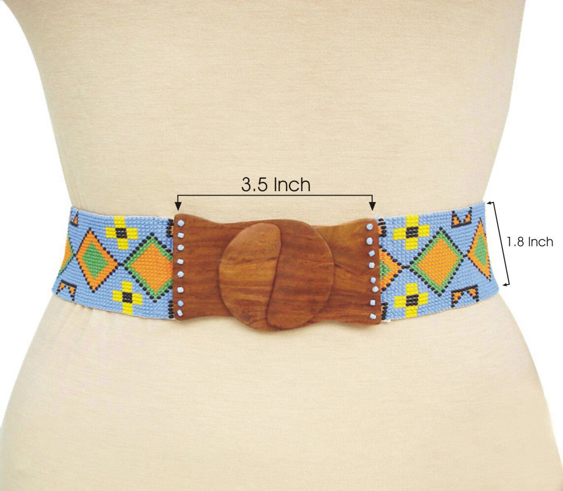 Stretchable Seed Bead Beaded Belt With Wood Buckle