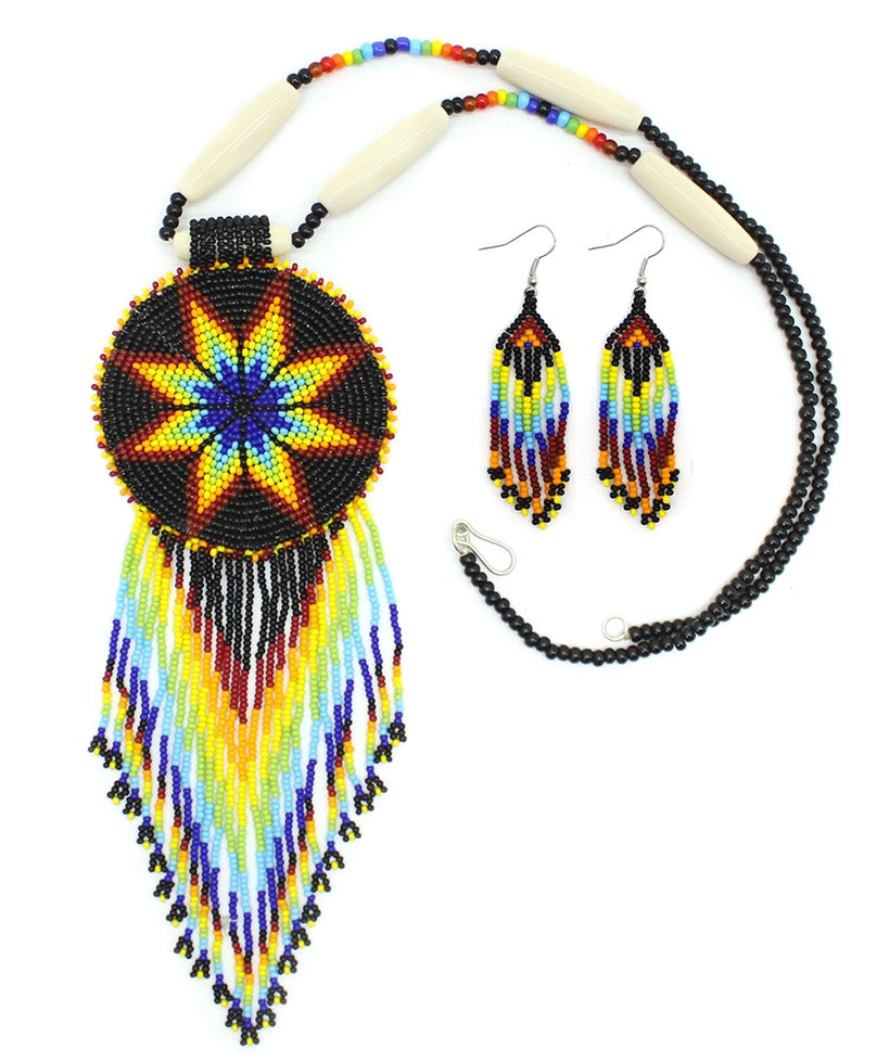 Black Fire Seed Beaded Star Medallion Necklace Earrings Set