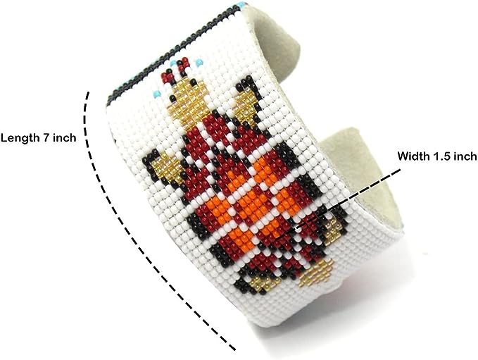 Handmade Beaded White Red Turtle Leather Hard Cuff Bracelet - Unisex Adjustable Bracelet