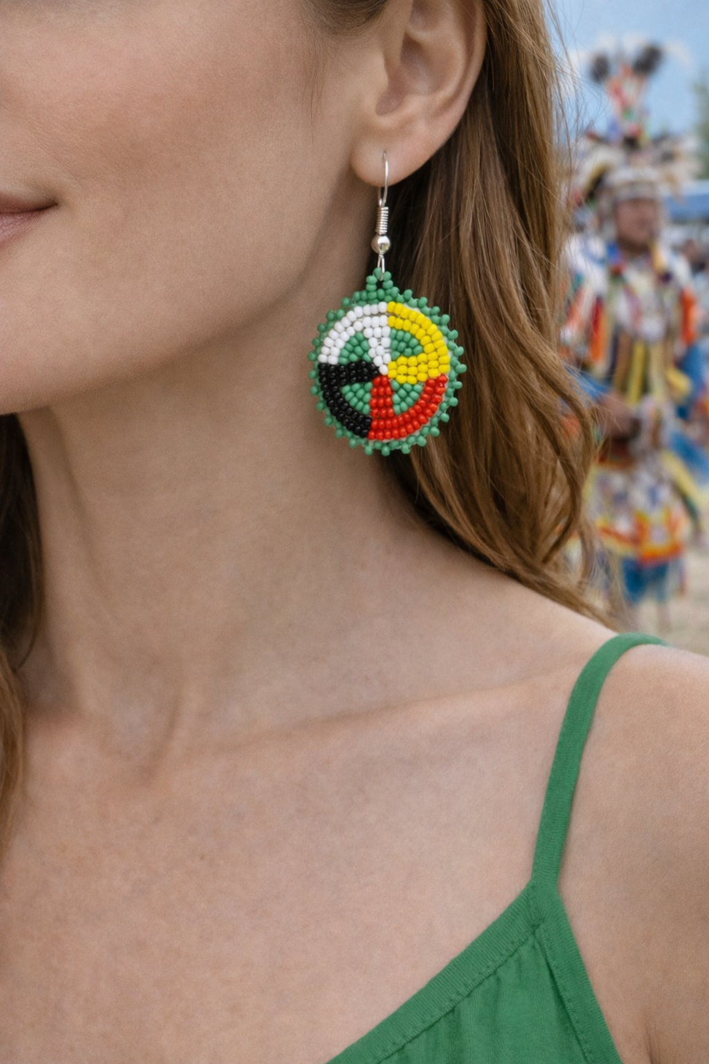 Handcrafted Green Earrings Four Directions Medicine Wheel