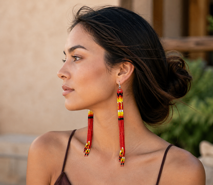 Handmade Beaded Earrings 5 Inch Long - Red