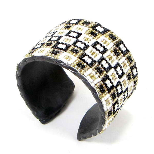 Handmade Beaded White Black Geometric Pattern Leather Cuff Bracelet - Adjustable Unisex Accessory