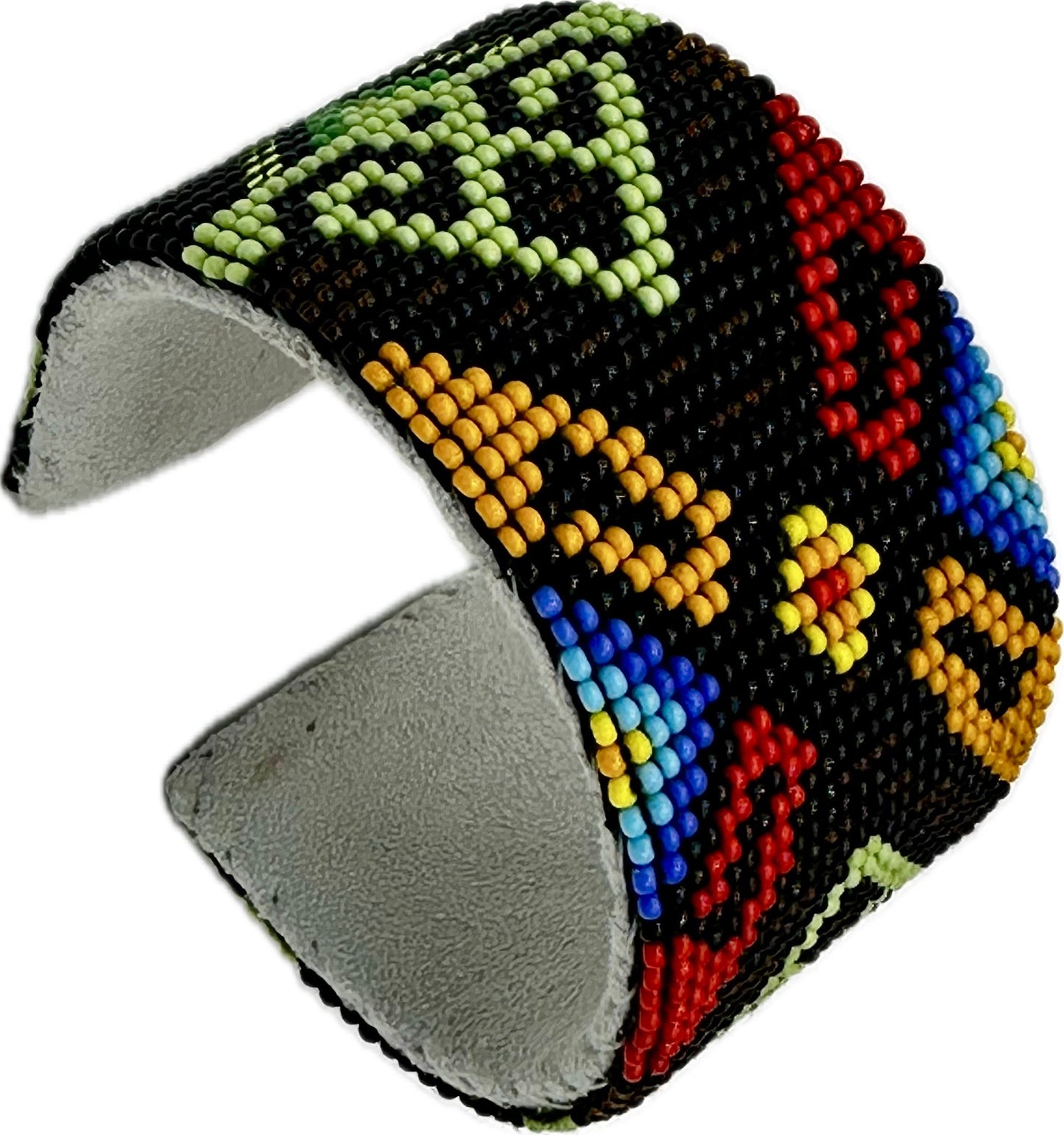 Handmade beaded Black Green Hard leather Cuff Bracelet