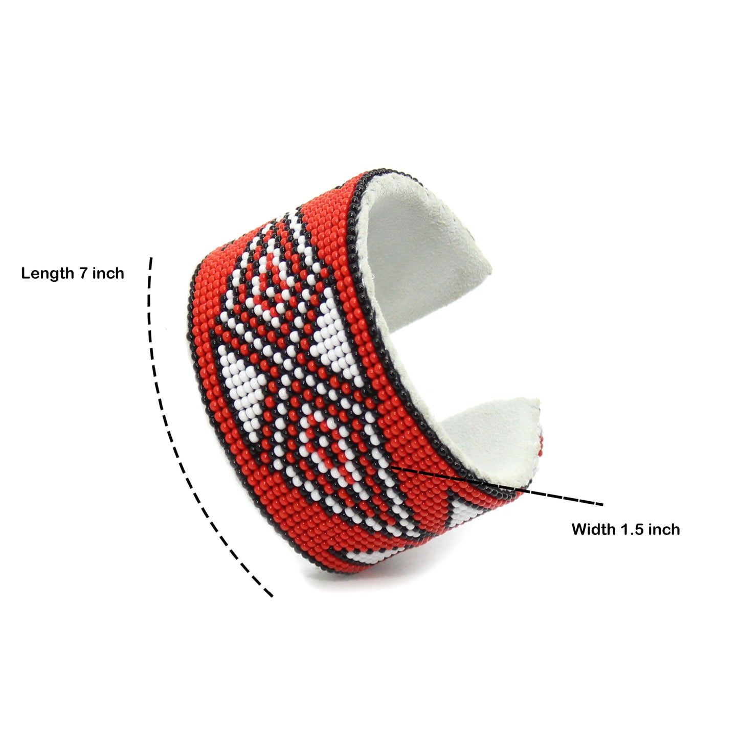 Handmade Beaded Red Black White Leather Hard Cuff Bracelet 58/30 - Geometric Pattern, Bendable