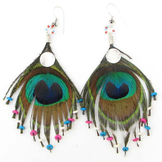 Handmade Beaded Natural Peacock Feather Big Earrings