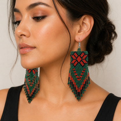 Handmade Beaded Red Green Drop Vacation Party Hook Earrings, great gift
