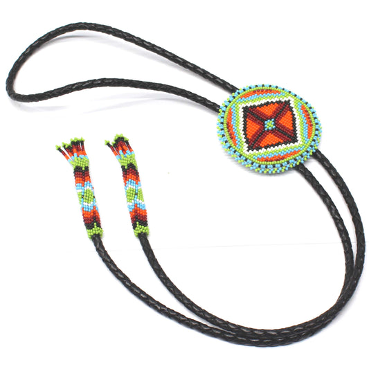 Handmade beaded Green Orange Aztec Bolo Tie black leather