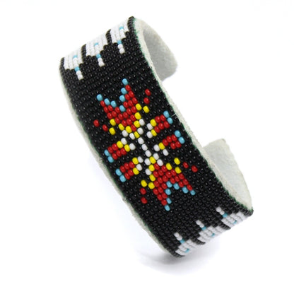 Adjustable Black Red Fire Pattern Hard Cuff Beaded Handmade Bracelet - 34.0 grams, 6.5 inch length