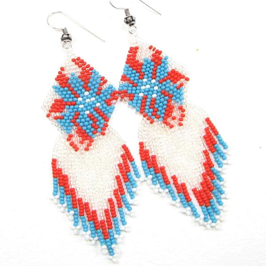Blue Red Silver Seed Beaded Earrings Flower Beadwork Handmade