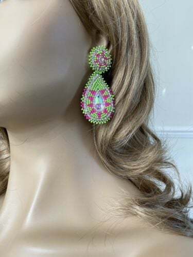 Handcrafted beaded Green Pink teardrop ethnic post earrings