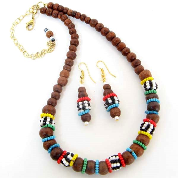 Brown Wooden Kids Beaded Necklace Earrings Set Handmade