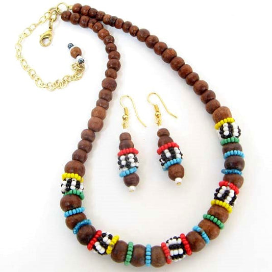 Brown Wooden Kids Beaded Necklace Earrings Set Handmade