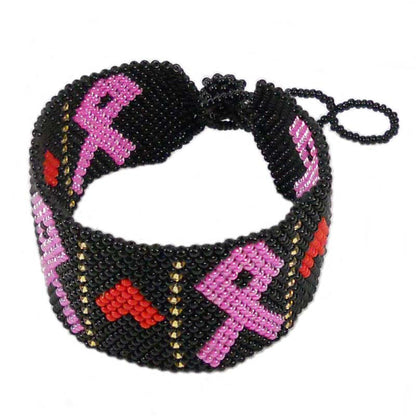 Black Red Golden Seed Beaded Pink Ribbon Breast Cancer Awareness Bracelet
