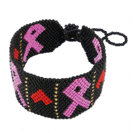 Black Red Golden Seed Beaded Pink Ribbon Breast Cancer Awareness Bracelet