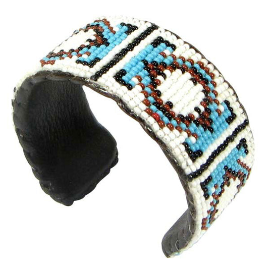 Handmade Beaded Cyan Blue, White, Brown Medicine Man's Eye Hard Cuff Leather Bracelet - Symbol of Protection and Wisdom