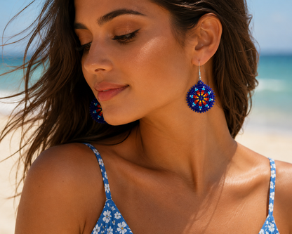 Blue Mandala Beaded Earrings – Handmade Czech Seed Bead Round Dangle Earrings | BeadsCorner