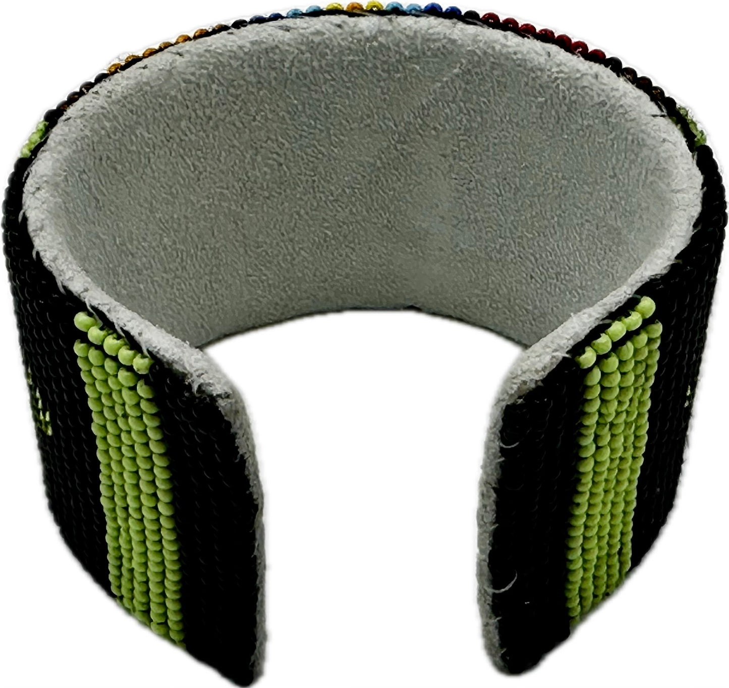 Handmade beaded Black Green Hard leather Cuff Bracelet