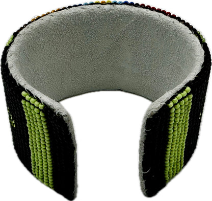 Handmade beaded Black Green Hard leather Cuff Bracelet