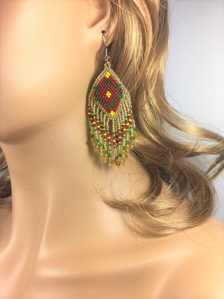 Gold and Multicolor Bohemian Seed Bead Earrings