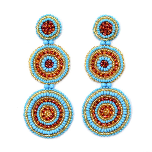 Handmade Beaded Blue Red Color Round Long Post Earrings