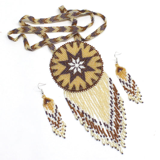 Handmade Beaded Necklace Earrings Set with 2-3 Inch Rosette Pendant - Brown Beige