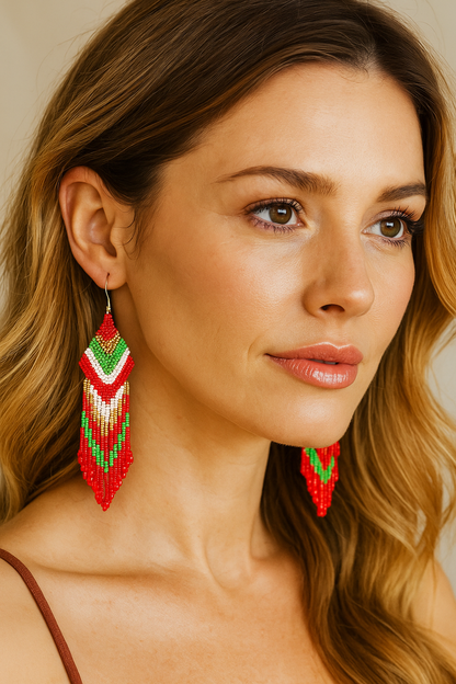 Handmade beaded Red Green Christmas drop dangle earrings