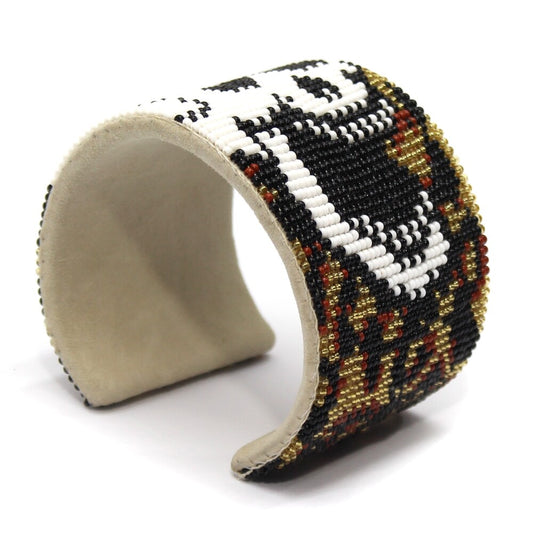 Skull Pattern Adjustable Handmade Beaded Bracelet - Wide Leather Cuff