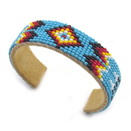 Handmade Beaded Bracelet - Cyan Blue and Black Red, Narrow Hard Cuff Leather