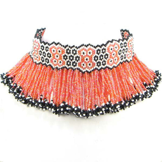 Vibrant Dark Orange Floral Beaded Choker Necklace