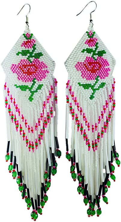 Handmade Glass Beaded White Pink Rose Design Extra Long Earrings