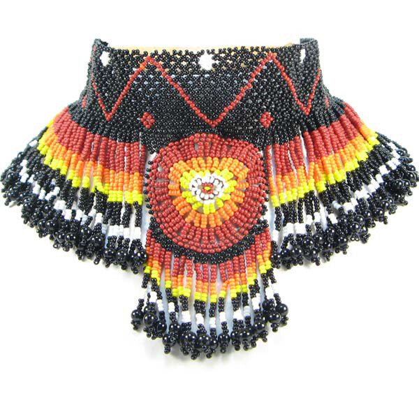 Handmade Beaded Black Seed Bead Fire Colors Medallion Necklace
