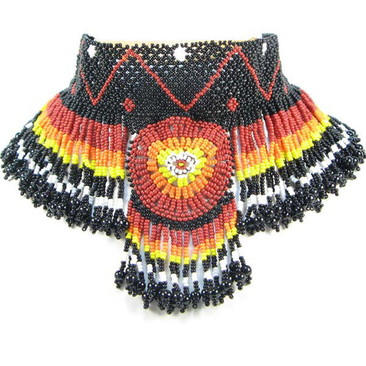 Handmade Beaded Black Seed Bead Fire Colors Medallion Necklace