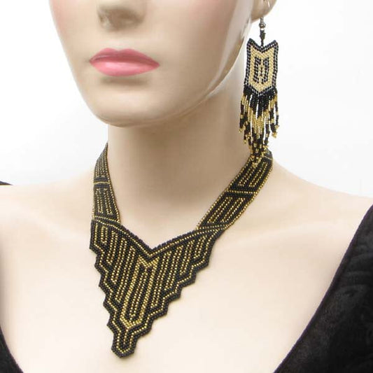 Handmade Beaded Black Seed Bead Long Necklace Earrings Set