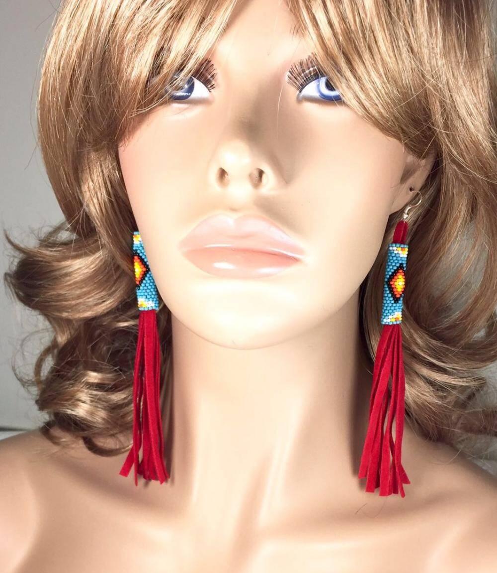 Red Beaded Suede Extra Long Earrings 6 Inch