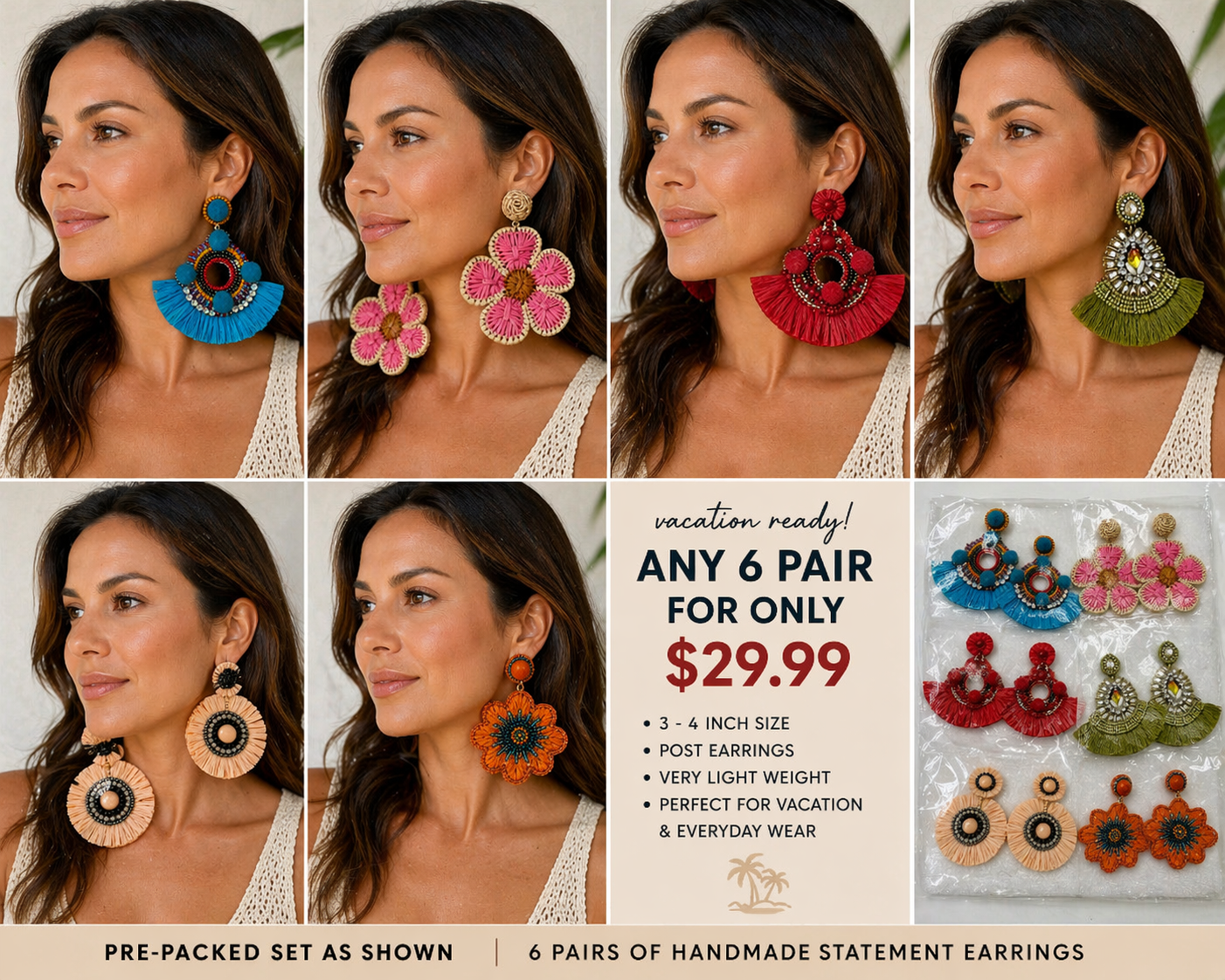 6 Pair Vacation Statement Earrings Set – Mix & Match Handmade Boho Earrings – Lightweight 3-4 Inch Post Earrings – Only $29.99