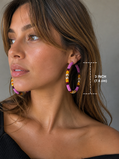 Handmade Native Style 3 Inch Hoop Earrings with Czech Seed Beads - Pink