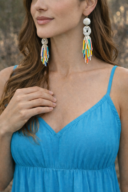 Handmade Beaded Solid Color Post Statement Earrings Women (White Pearl Multi)