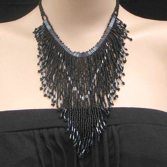 Elegant Black Bugle Seed Bead Bib Necklace