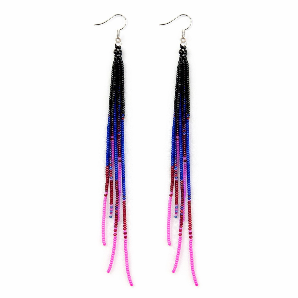 Handmade Beaded Fringe Earrings – Black, Blue & Pink Long Seed Bead Earrings (6.5 in)