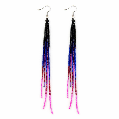 Handmade Beaded Fringe Earrings – Black, Blue & Pink Long Seed Bead Earrings (6.5 in)