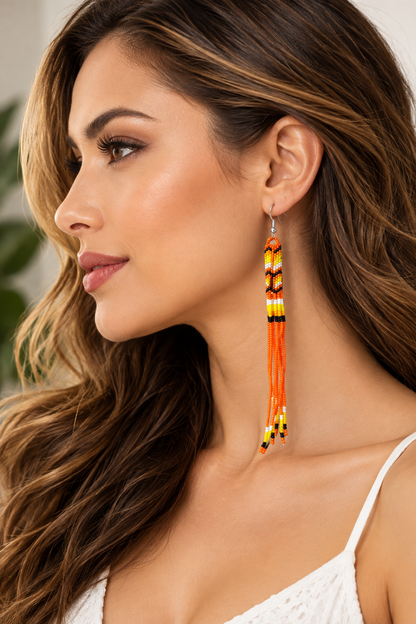 Handmade Beaded Earrings 5 Inch Long - Orange